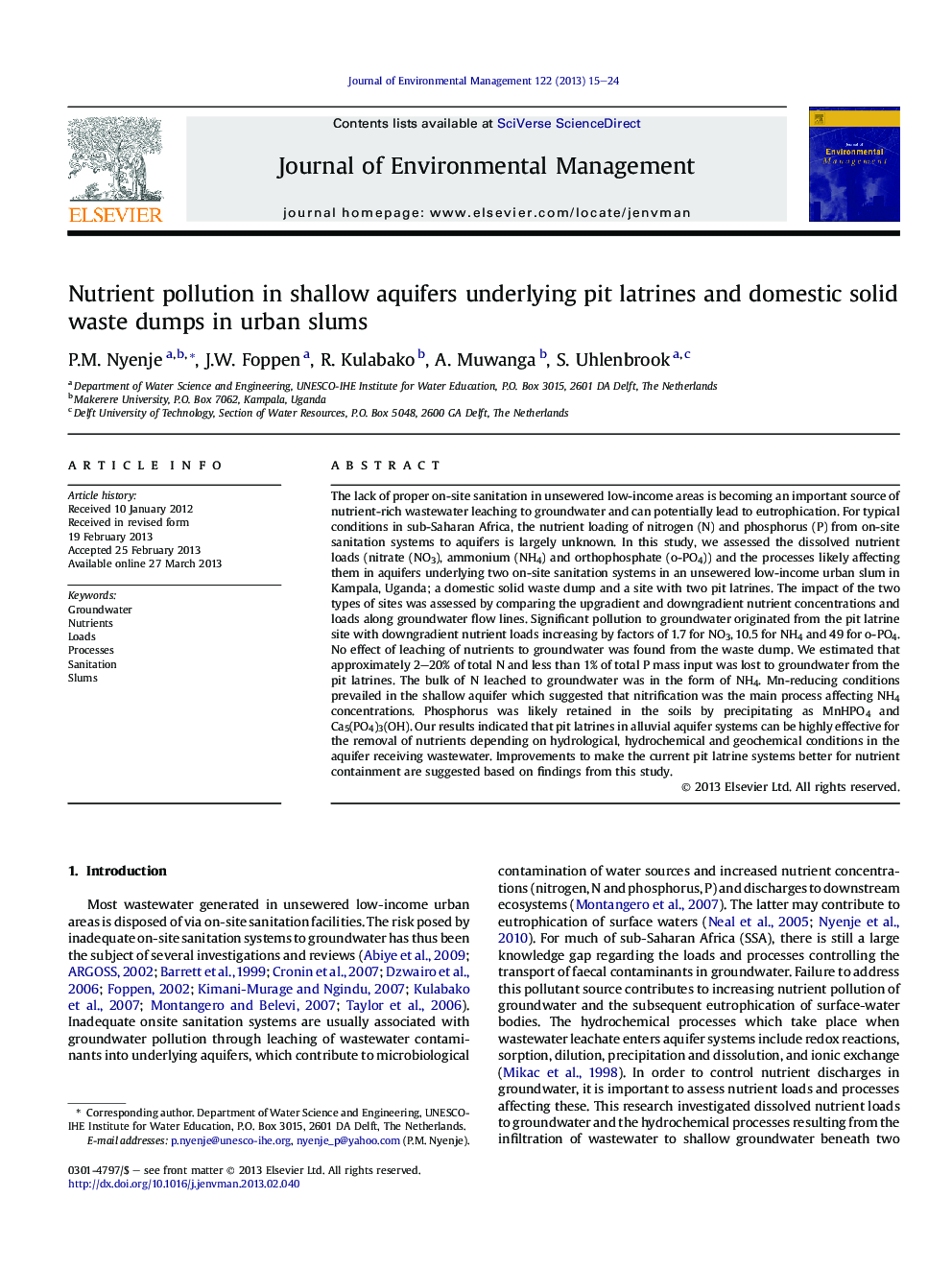 Nutrient pollution in shallow aquifers underlying pit latrines and domestic solid waste dumps in urban slums