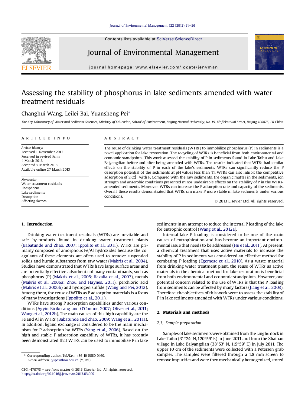 Assessing the stability of phosphorus in lake sediments amended with water treatment residuals