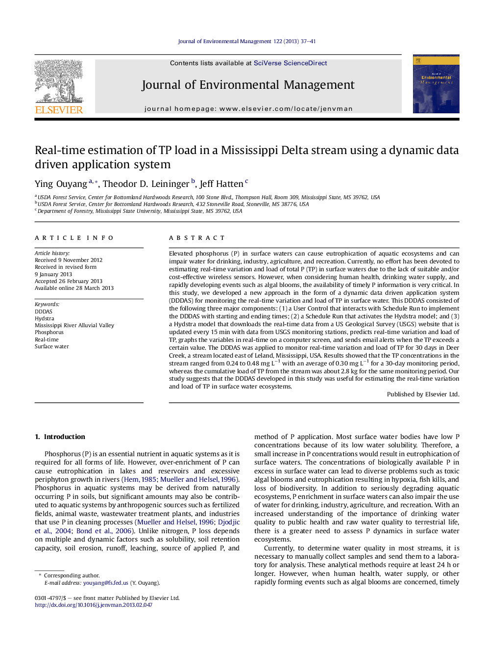 Real-time estimation of TP load in a Mississippi Delta stream using a dynamic data driven application system