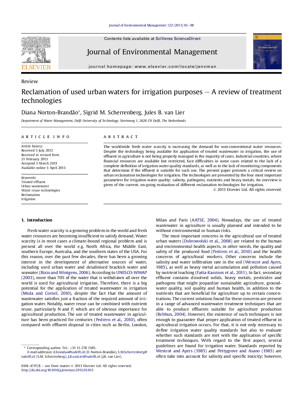 Reclamation of used urban waters for irrigation purposes – A review of treatment technologies