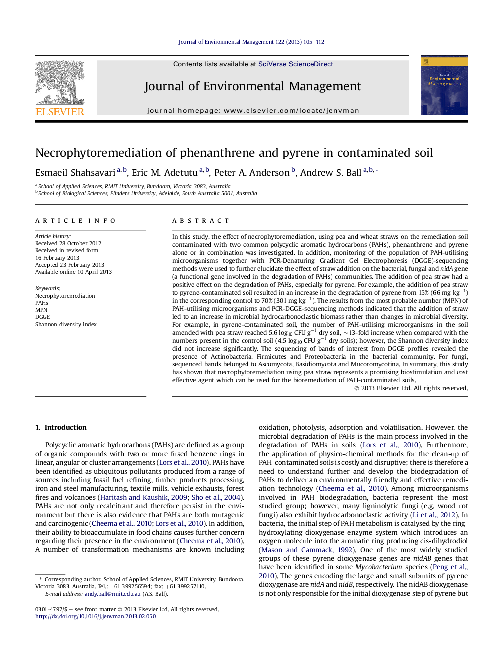 Necrophytoremediation of phenanthrene and pyrene in contaminated soil