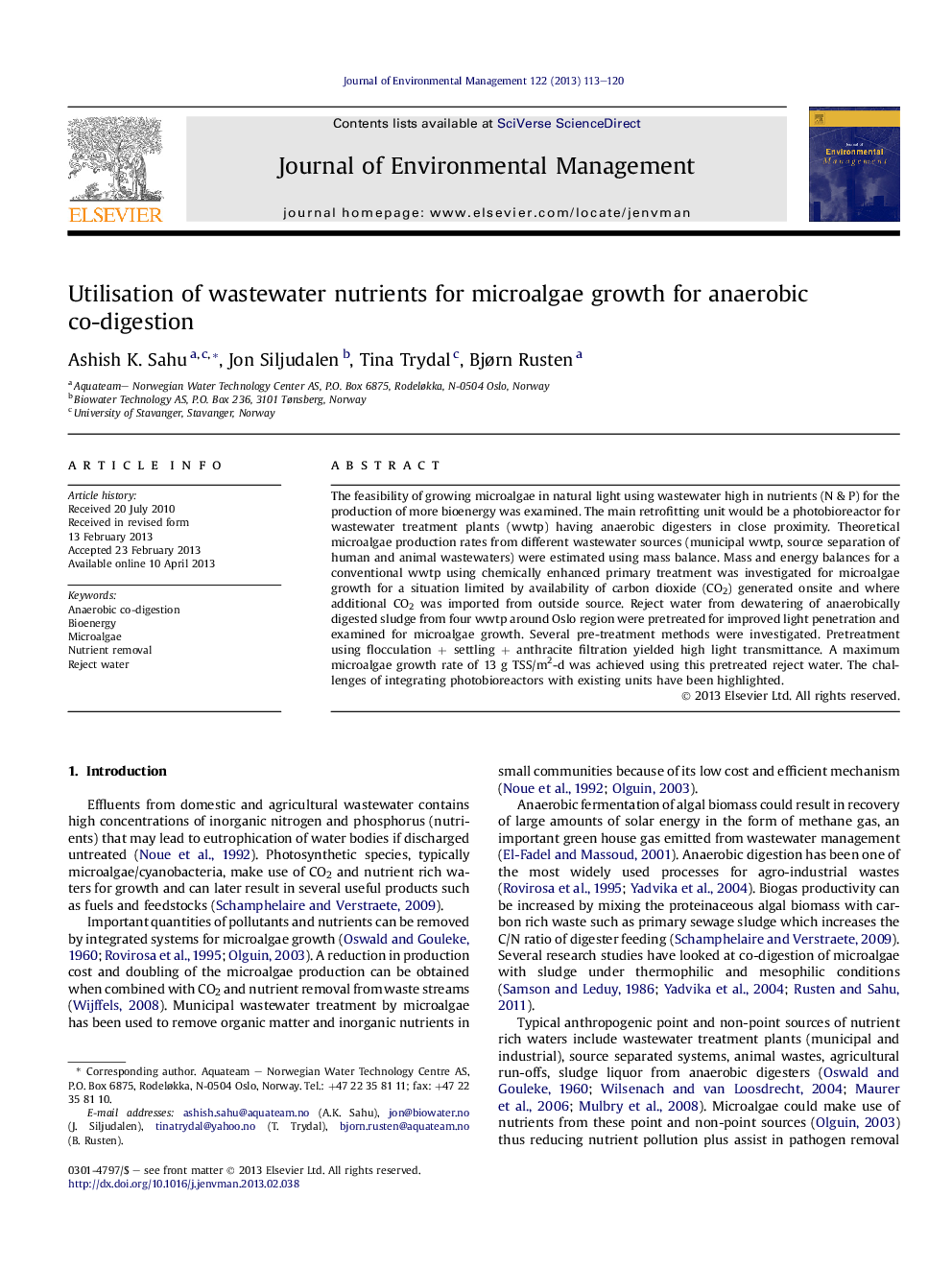 Utilisation of wastewater nutrients for microalgae growth for anaerobic co-digestion