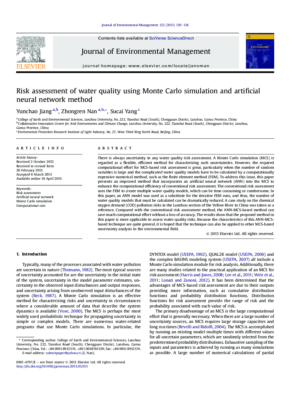 Risk assessment of water quality using Monte Carlo simulation and artificial neural network method