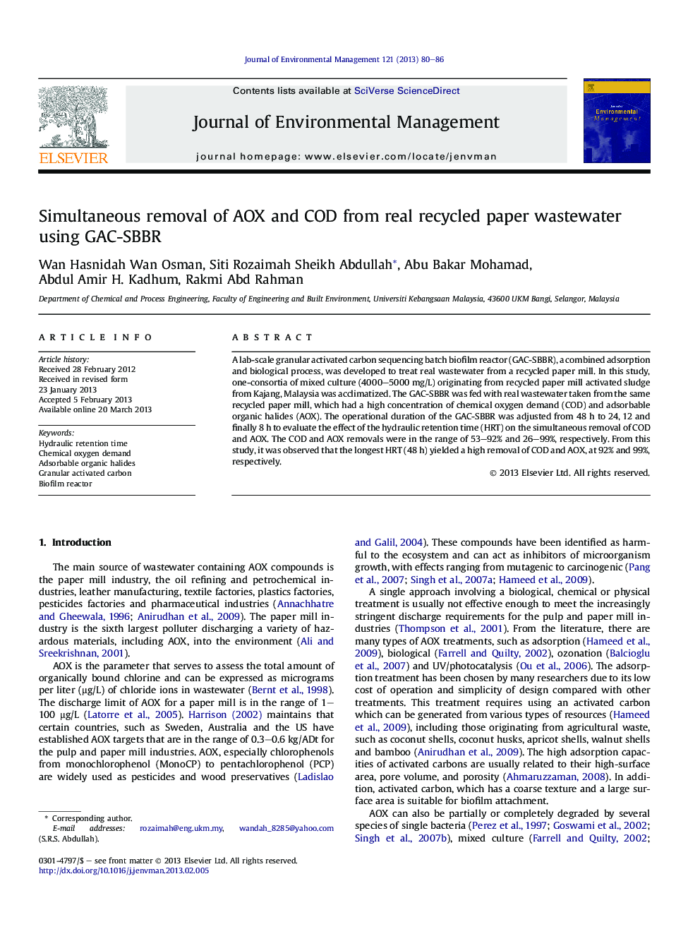 Simultaneous removal of AOX and COD from real recycled paper wastewater using GAC-SBBR