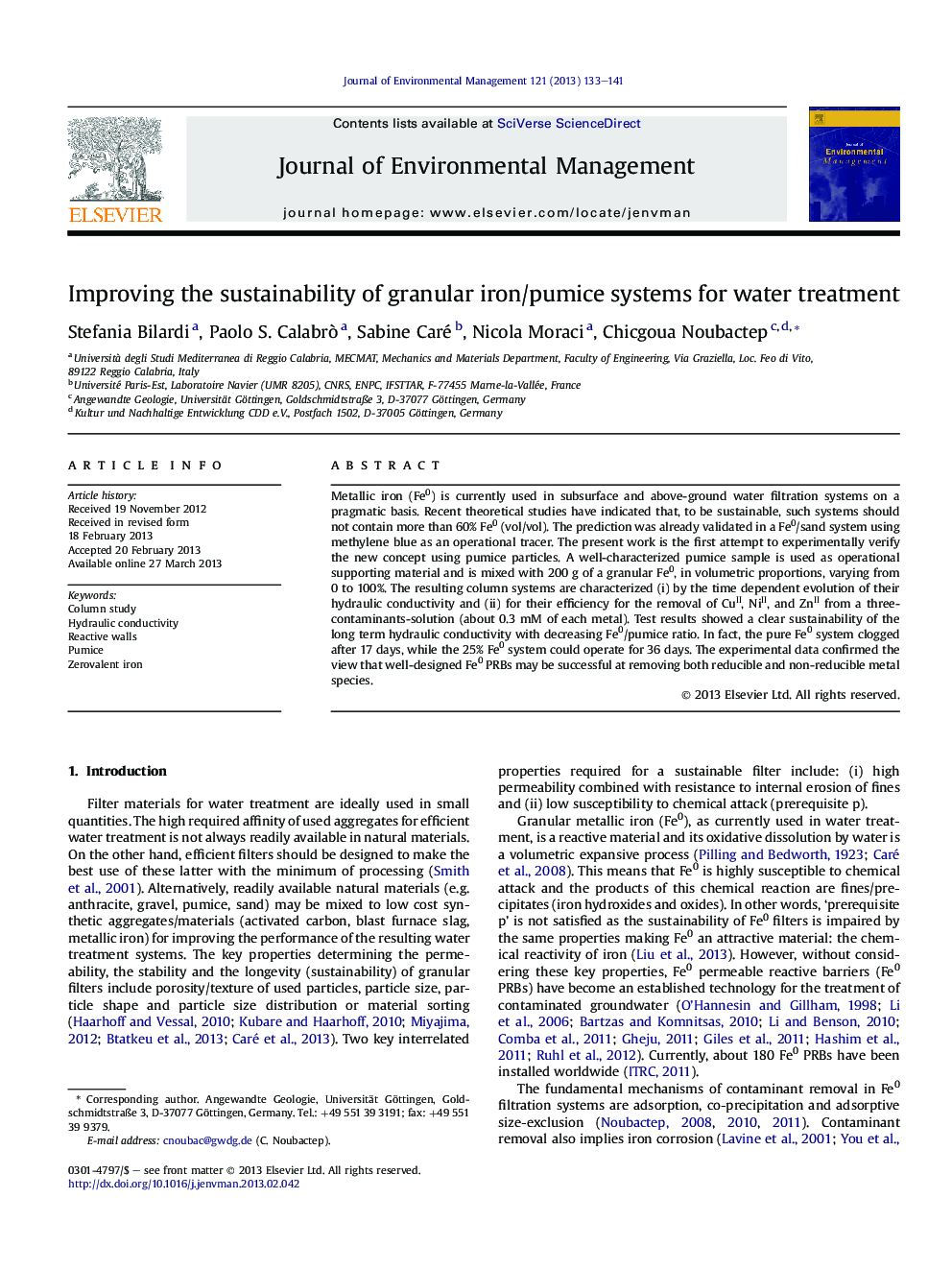 Improving the sustainability of granular iron/pumice systems for water treatment