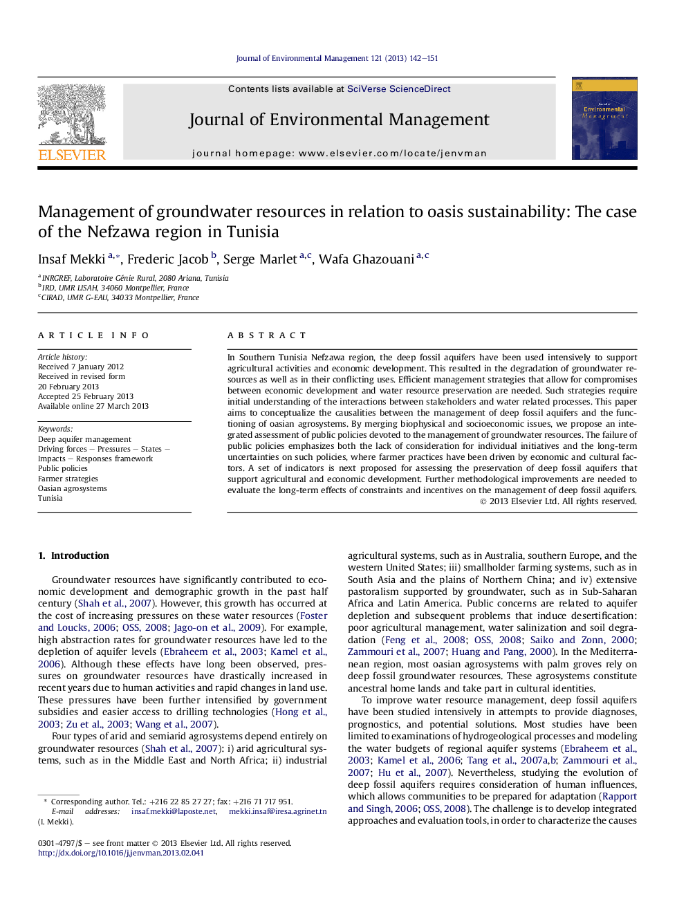 Management of groundwater resources in relation to oasis sustainability: The case of the Nefzawa region in Tunisia