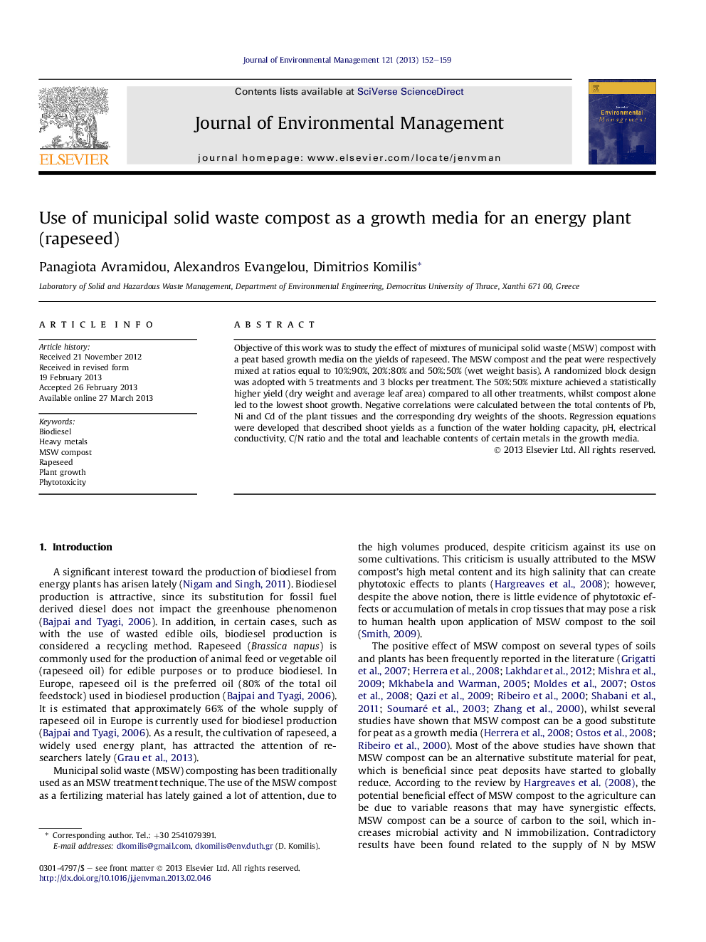 Use of municipal solid waste compost as a growth media for an energy plant (rapeseed)