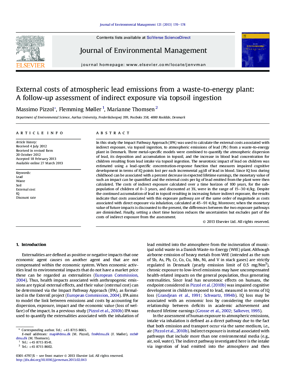 External costs of atmospheric lead emissions from a waste-to-energy plant: A follow-up assessment of indirect exposure via topsoil ingestion