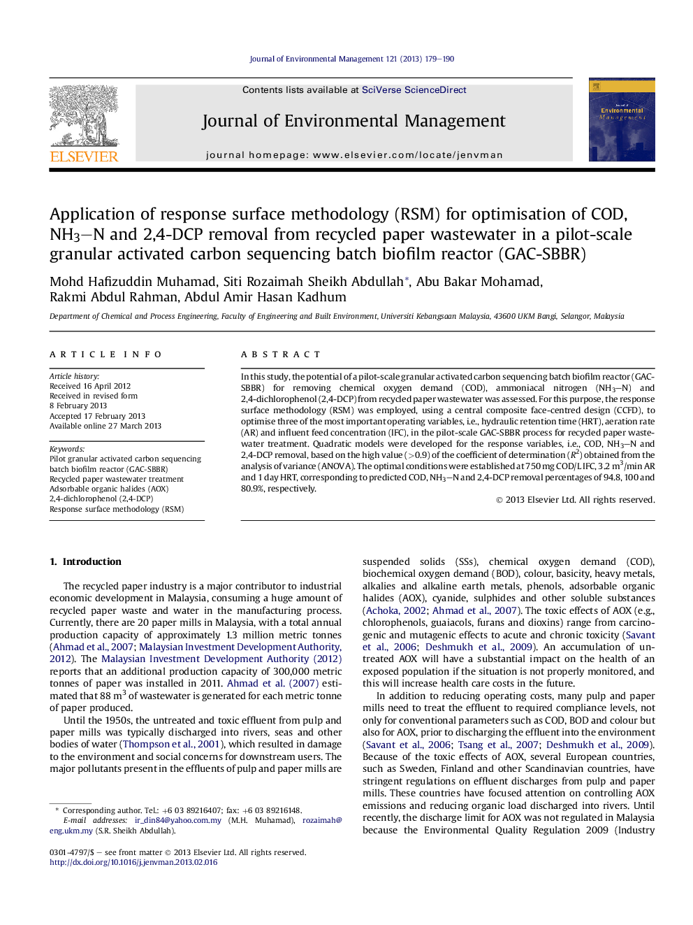 Application of response surface methodology (RSM) for optimisation of COD, NH3–N and 2,4-DCP removal from recycled paper wastewater in a pilot-scale granular activated carbon sequencing batch biofilm reactor (GAC-SBBR)