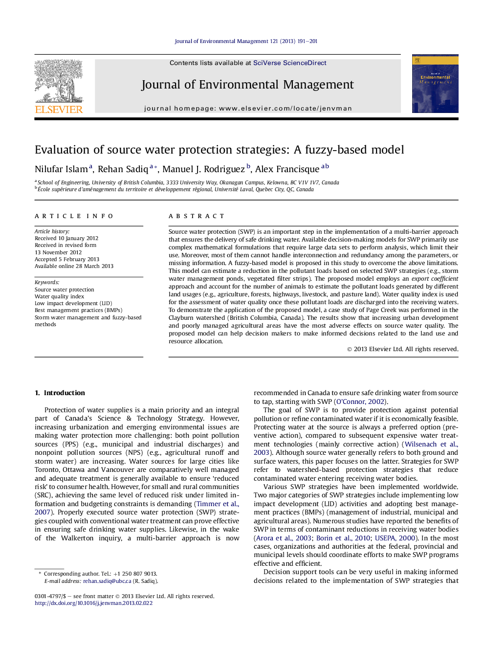 Evaluation of source water protection strategies: A fuzzy-based model