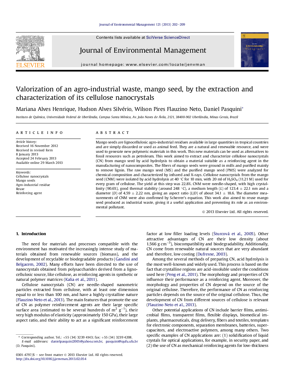 Valorization of an agro-industrial waste, mango seed, by the extraction and characterization of its cellulose nanocrystals