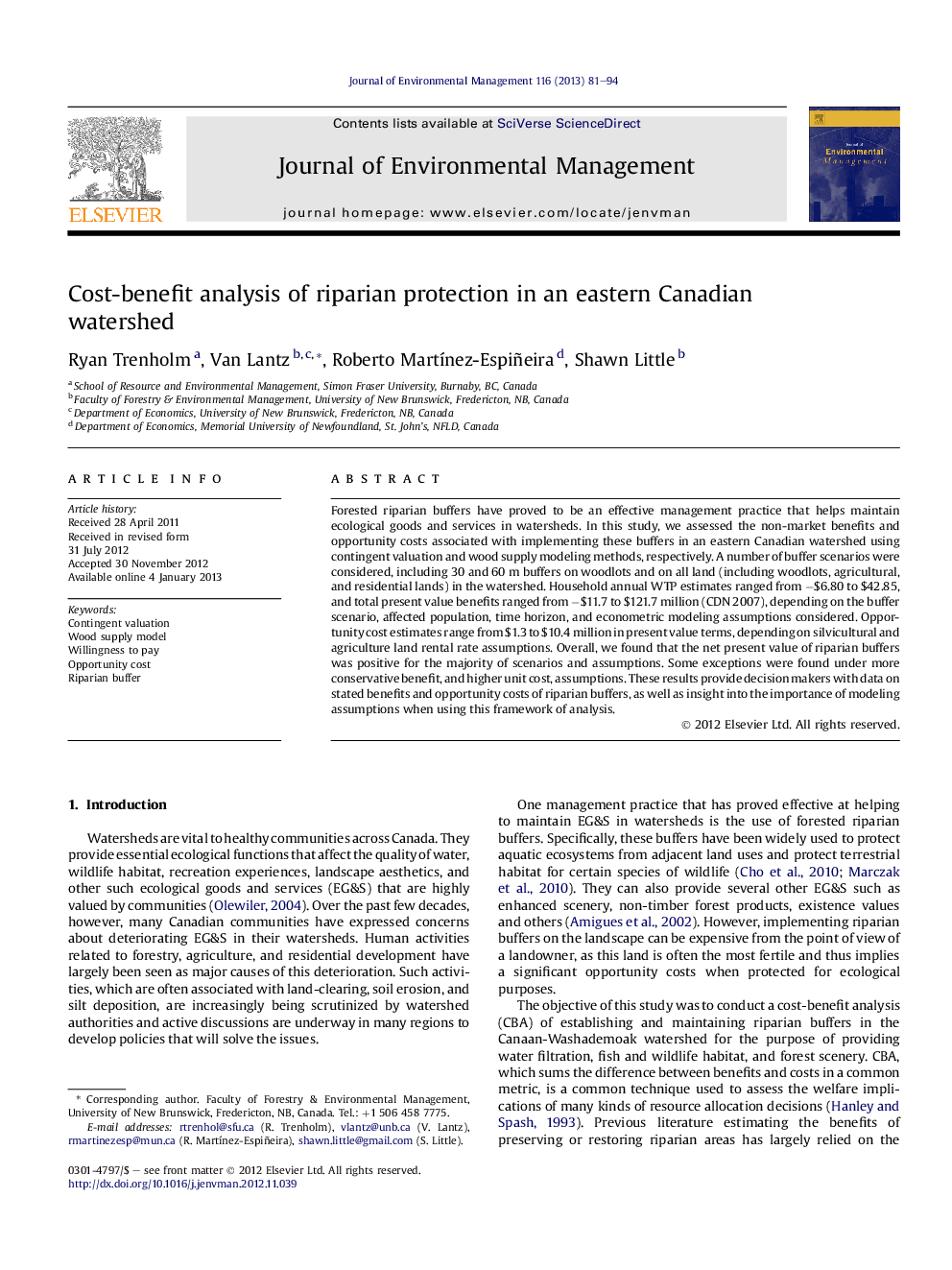 Cost-benefit analysis of riparian protection in an eastern Canadian watershed