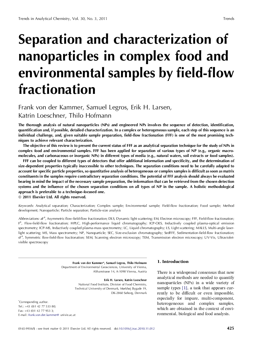 Separation and characterization of nanoparticles in complex food and environmental samples by field-flow fractionation