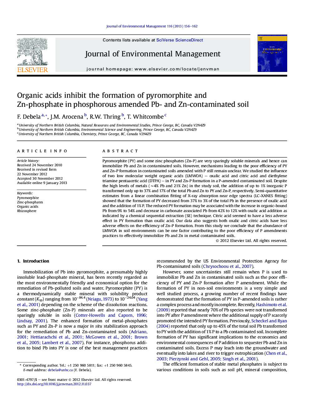 Organic acids inhibit the formation of pyromorphite and Zn-phosphate in phosphorous amended Pb- and Zn-contaminated soil