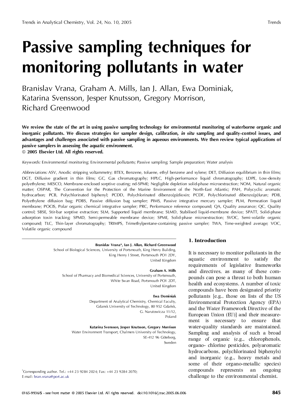 Passive sampling techniques for monitoring pollutants in water