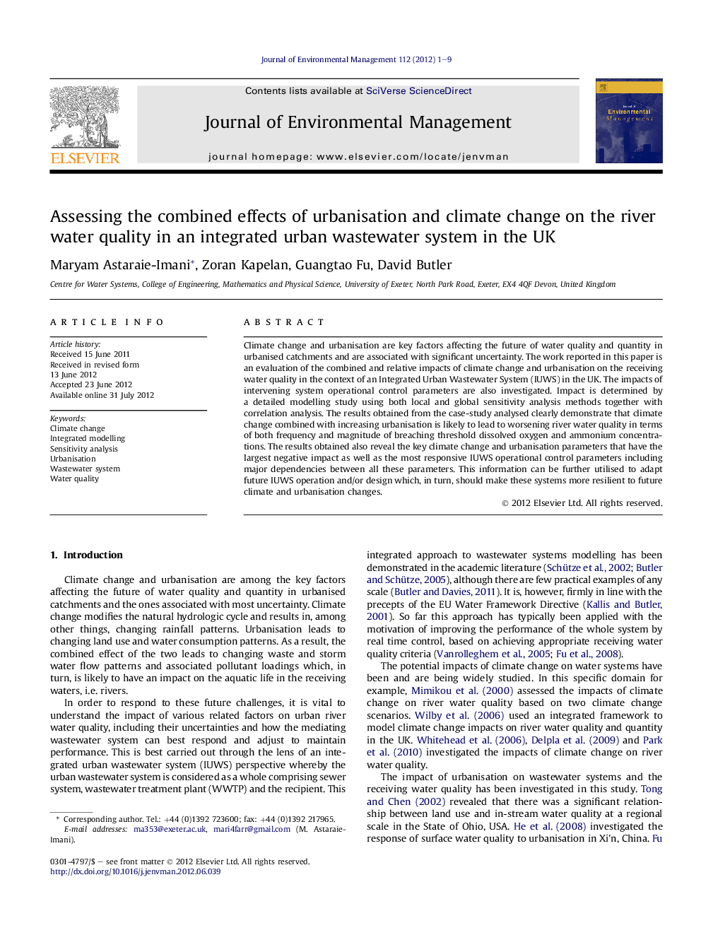 Assessing the combined effects of urbanisation and climate change on the river water quality in an integrated urban wastewater system in the UK