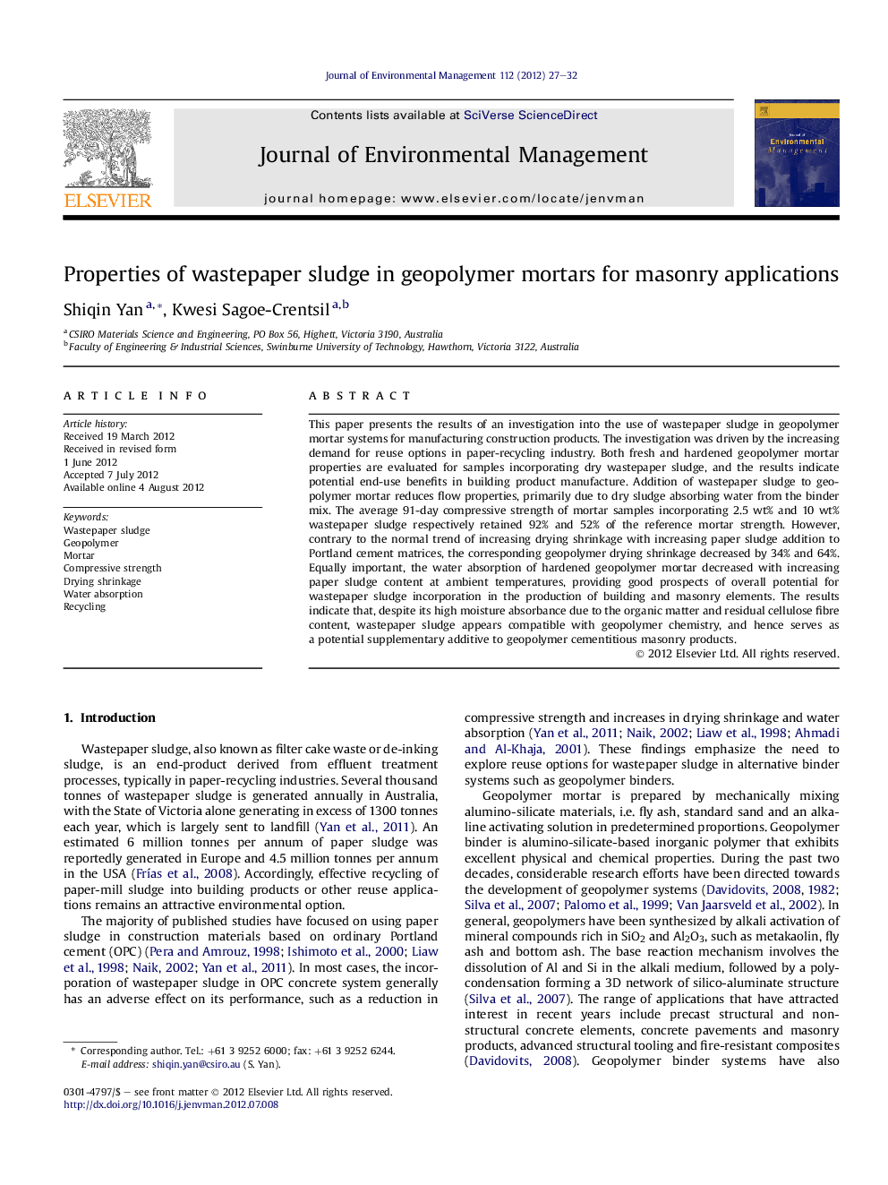 Properties of wastepaper sludge in geopolymer mortars for masonry applications