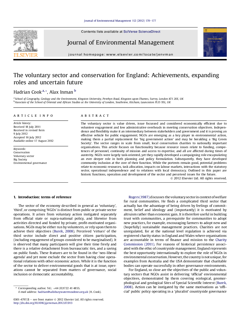 The voluntary sector and conservation for England: Achievements, expanding roles and uncertain future