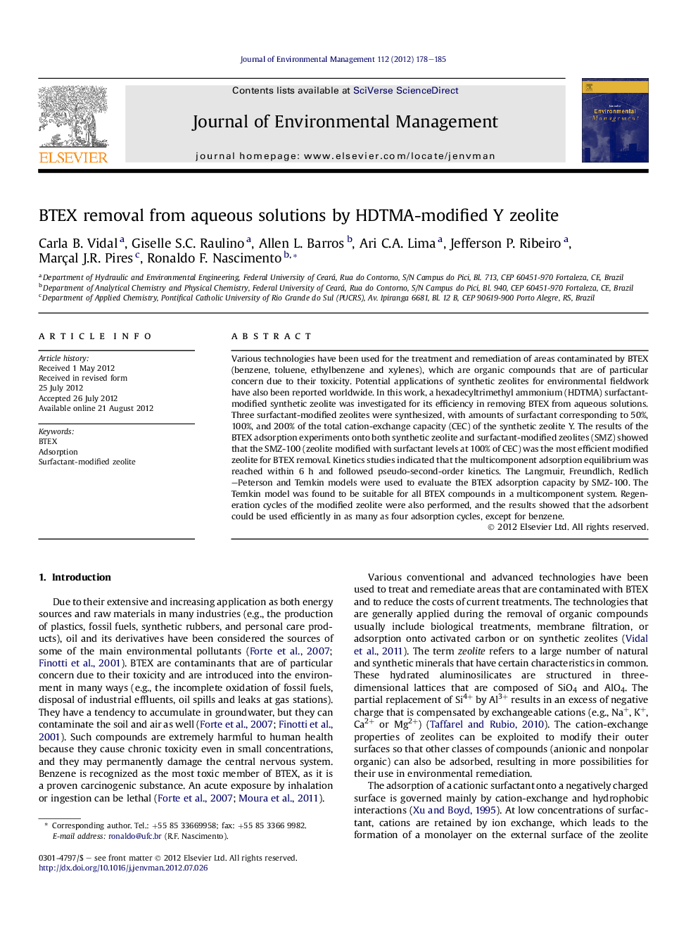 BTEX removal from aqueous solutions by HDTMA-modified Y zeolite