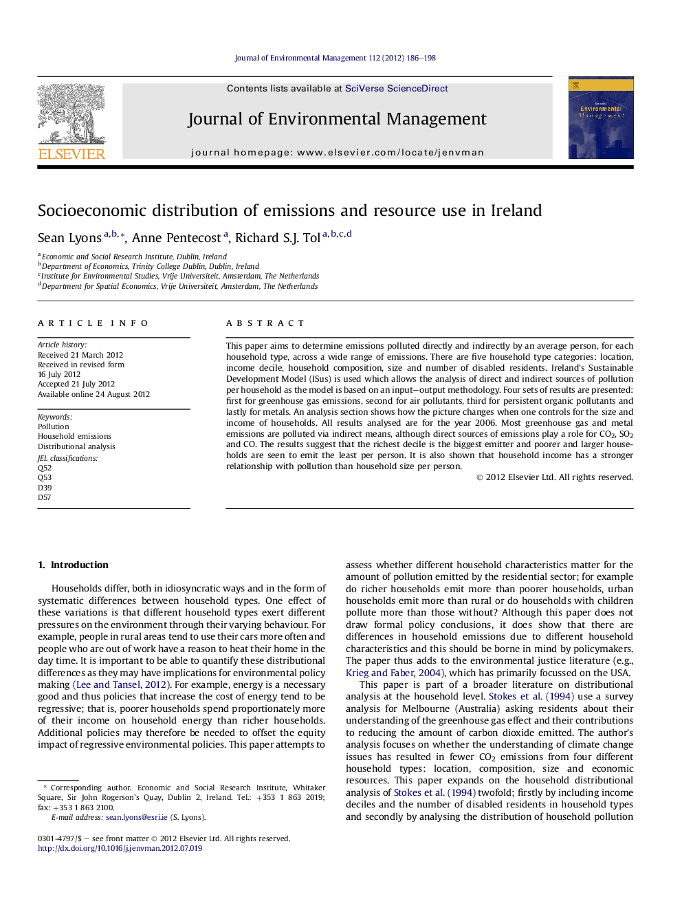 Socioeconomic distribution of emissions and resource use in Ireland