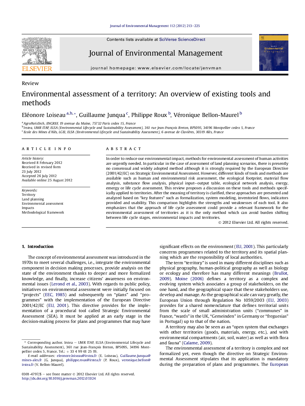 Environmental assessment of a territory: An overview of existing tools and methods