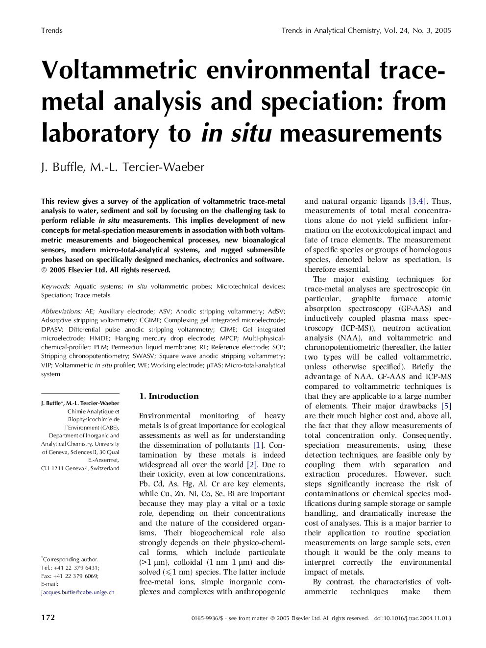 Voltammetric environmental trace-metal analysis and speciation: from laboratory to in situ measurements