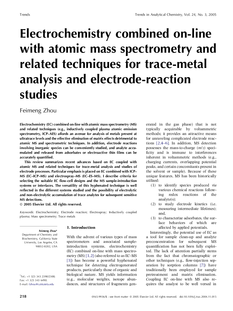 Electrochemistry combined on-line with atomic mass spectrometry and related techniques for trace-metal analysis and electrode-reaction studies