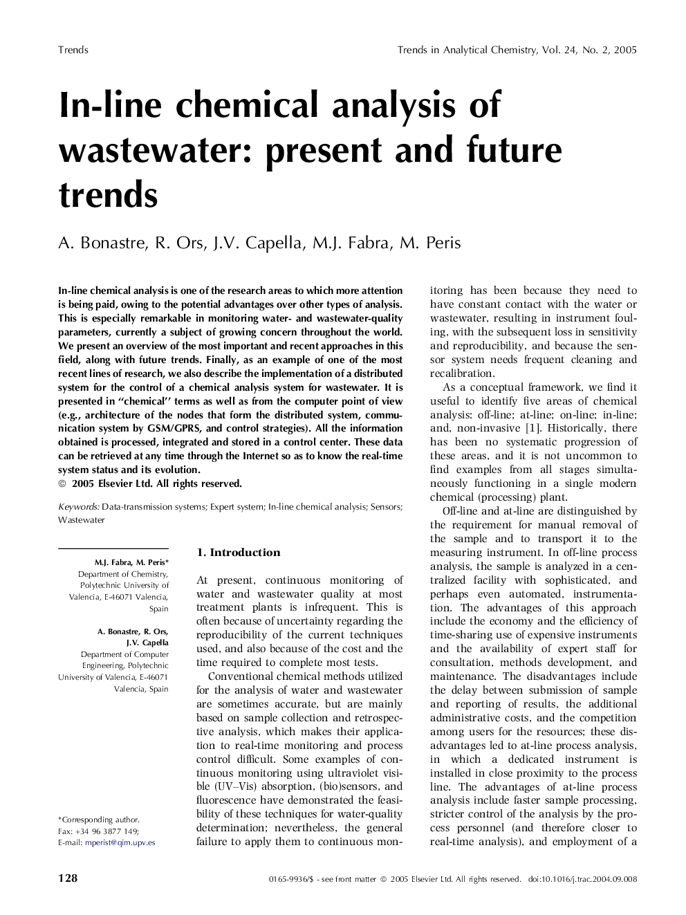 In-line chemical analysis of wastewater: present and future trends