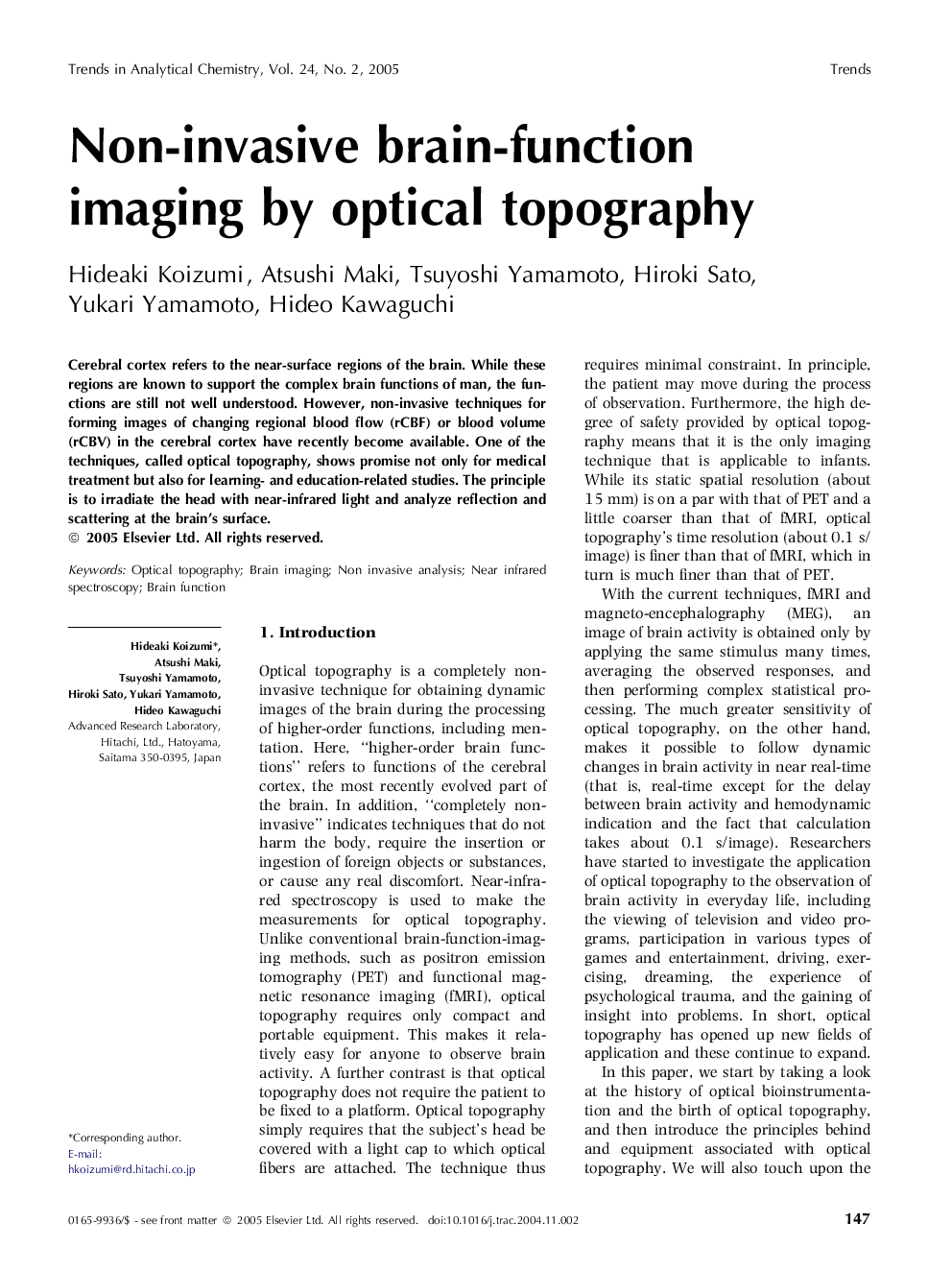 Non-invasive brain-function imaging by optical topography