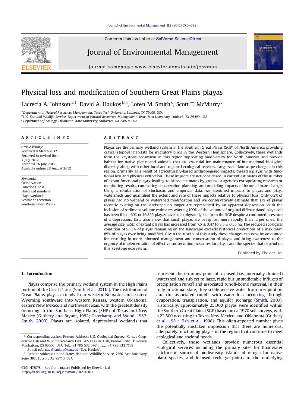 Physical loss and modification of Southern Great Plains playas