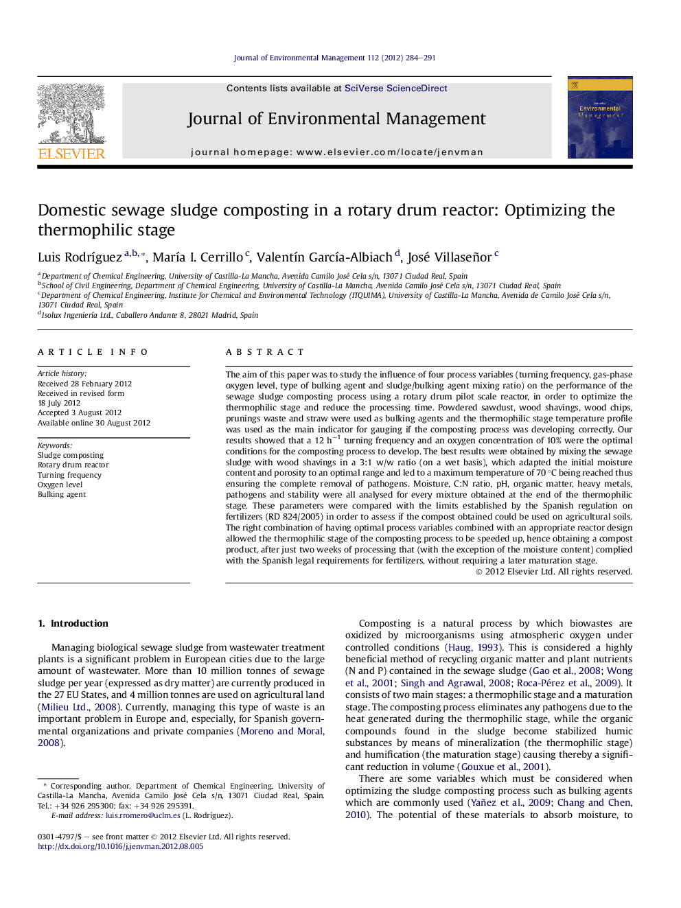 Domestic sewage sludge composting in a rotary drum reactor: Optimizing the thermophilic stage