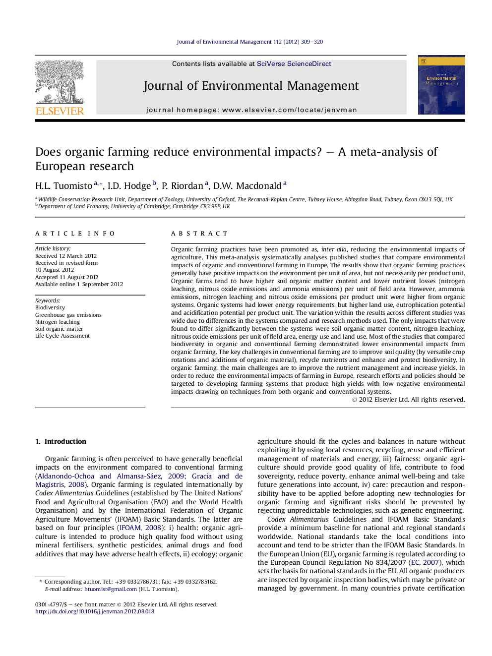 Does organic farming reduce environmental impacts? – A meta-analysis of European research