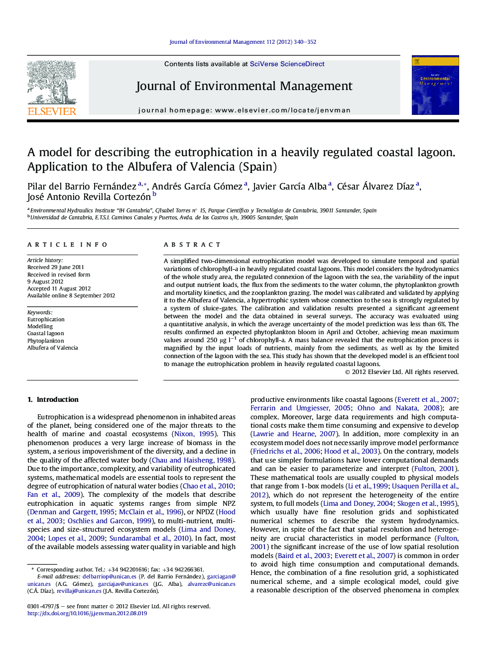 A model for describing the eutrophication in a heavily regulated coastal lagoon. Application to the Albufera of Valencia (Spain)