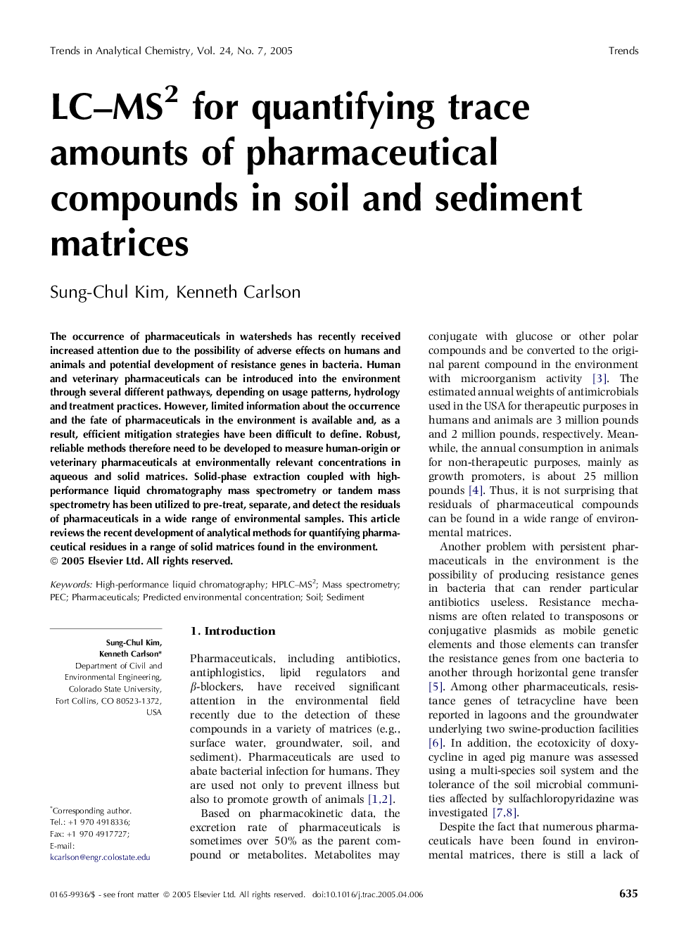 LC-MS2 for quantifying trace amounts of pharmaceutical compounds in soil and sediment matrices