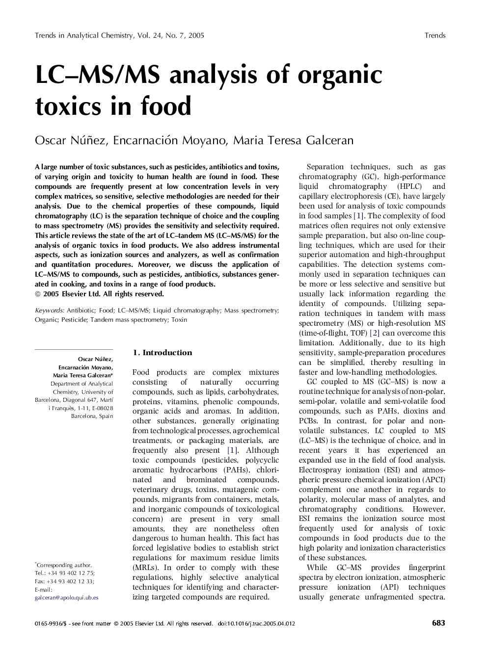 LC-MS/MS analysis of organic toxics in food