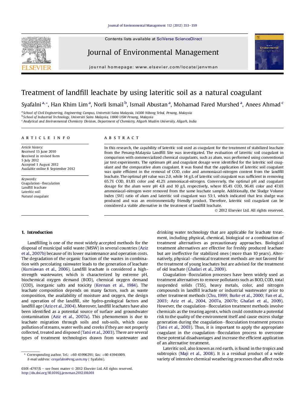 Treatment of landfill leachate by using lateritic soil as a natural coagulant