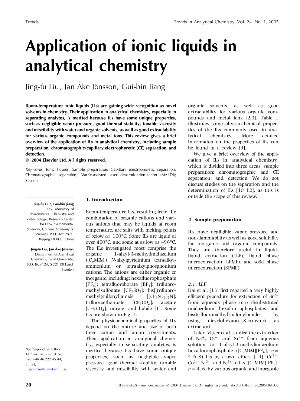 Application of ionic liquids in analytical chemistry