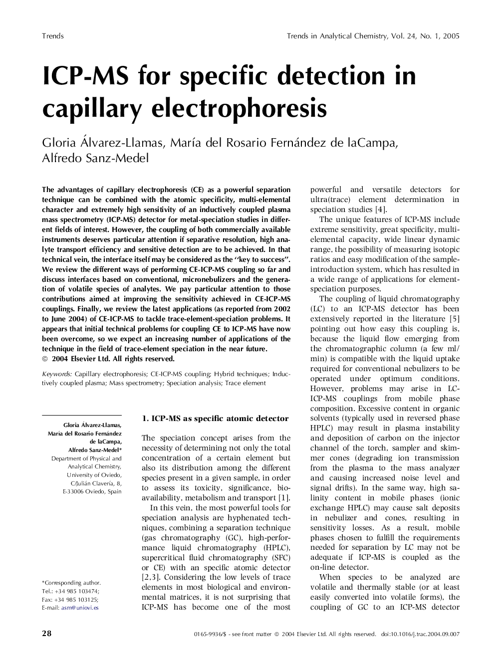 ICP-MS for specific detection in capillary electrophoresis