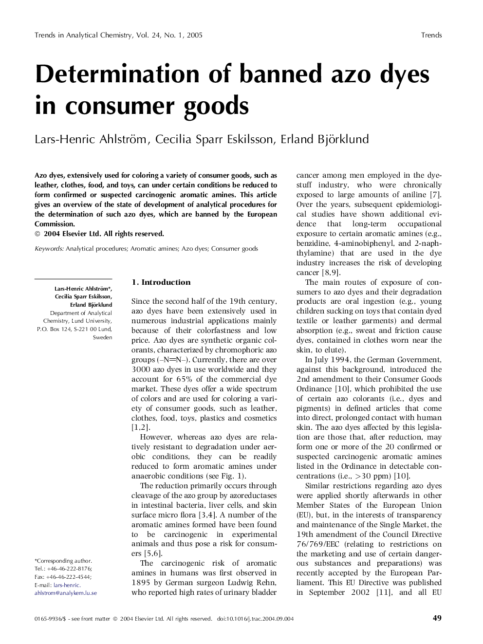 Determination of banned azo dyes in consumer goods