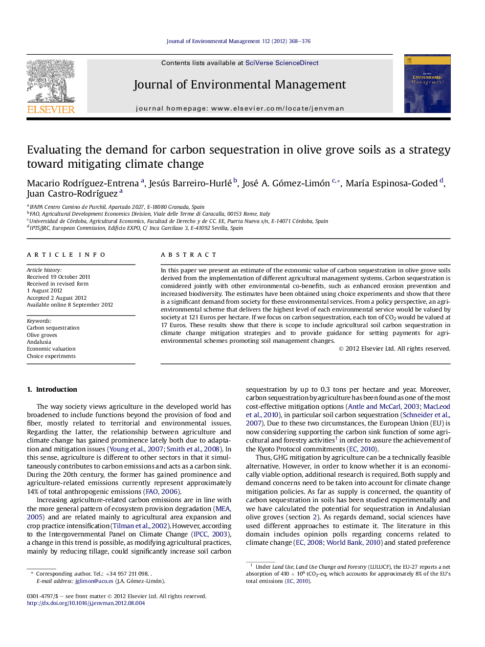 Evaluating the demand for carbon sequestration in olive grove soils as a strategy toward mitigating climate change