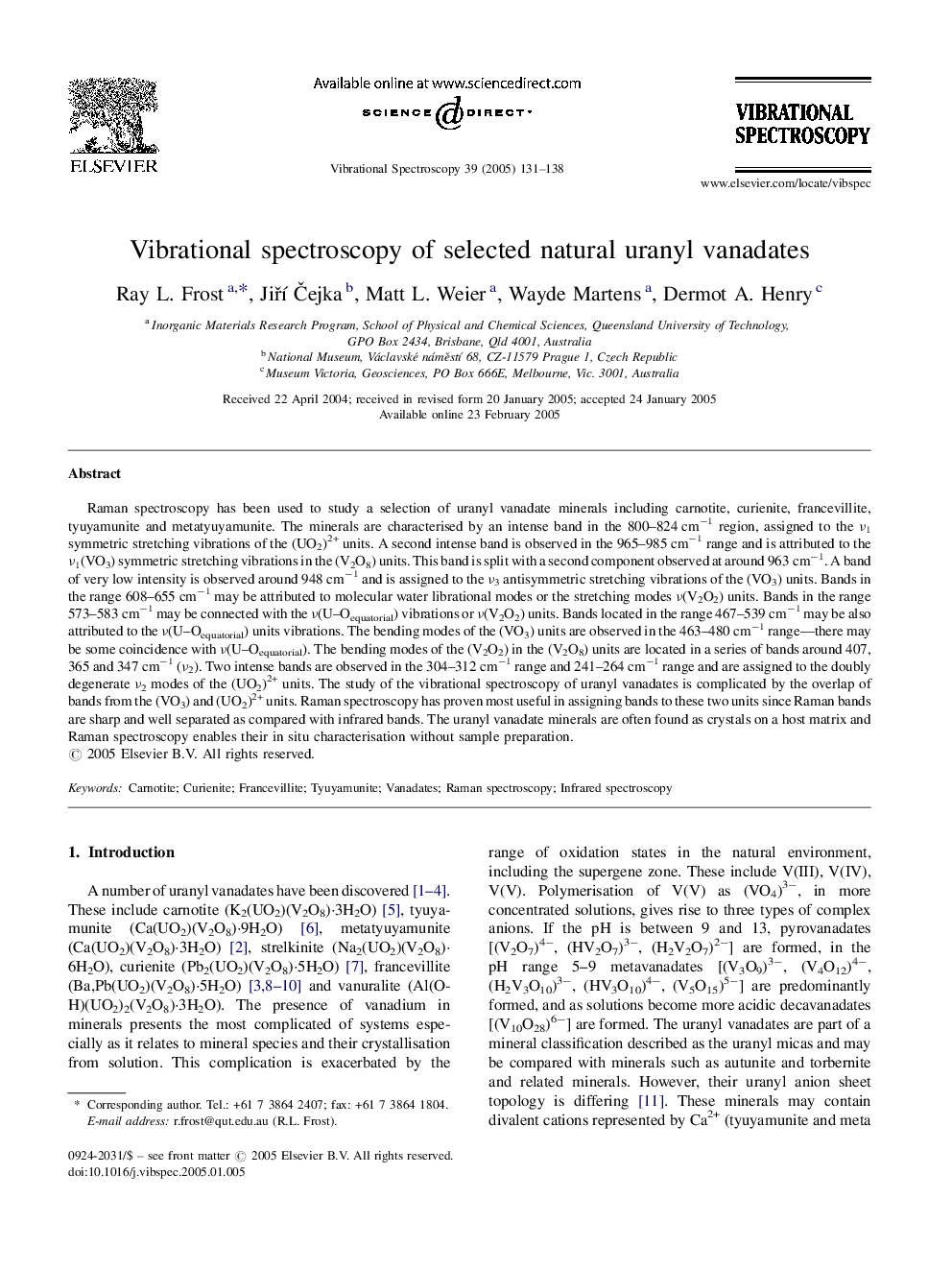 Vibrational spectroscopy of selected natural uranyl vanadates
