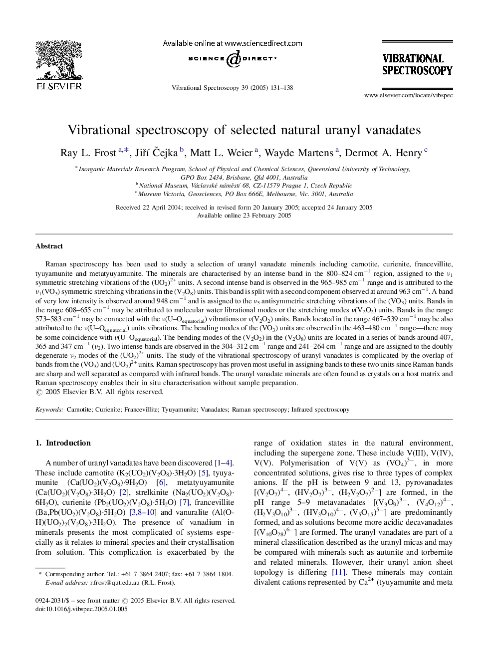 عکس صفحه اول مقاله: Vibrational spectroscopy of selected natural uranyl vanadates Vibrational spectroscopy of selected natural uranyl vanadates