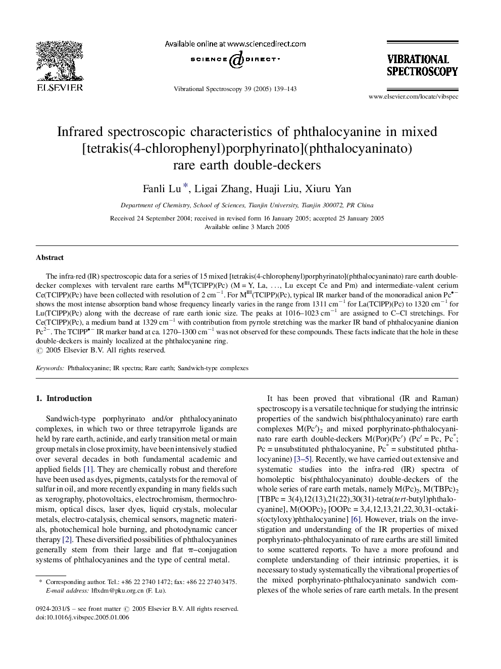 Infrared spectroscopic characteristics of phthalocyanine in mixed [tetrakis(4-chlorophenyl)porphyrinato](phthalocyaninato) rare earth double-deckers