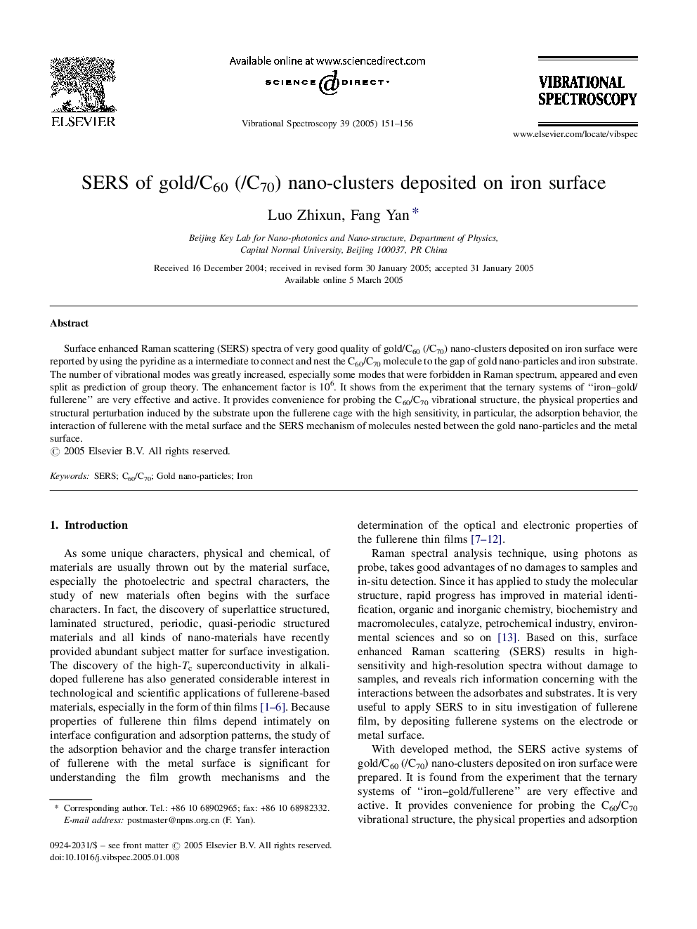 SERS of gold/C60 (/C70) nano-clusters deposited on iron surface