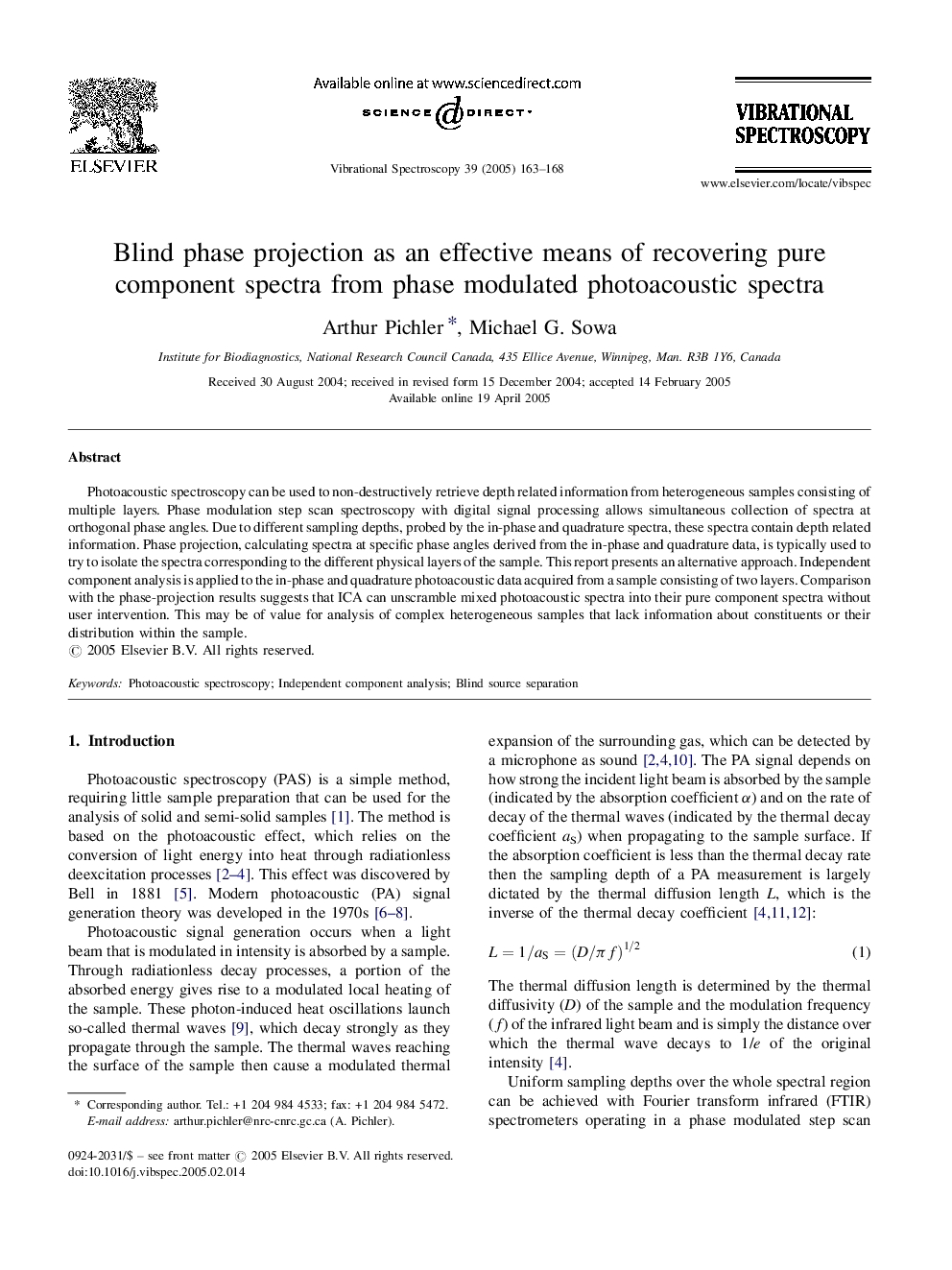 Blind phase projection as an effective means of recovering pure component spectra from phase modulated photoacoustic spectra