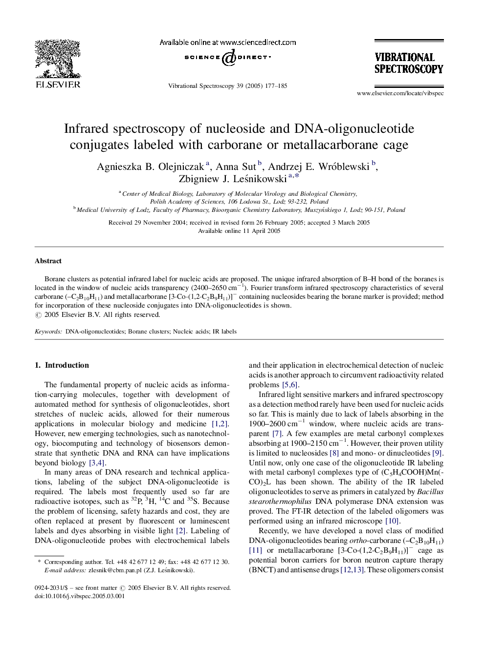 Infrared spectroscopy of nucleoside and DNA-oligonucleotide conjugates labeled with carborane or metallacarborane cage