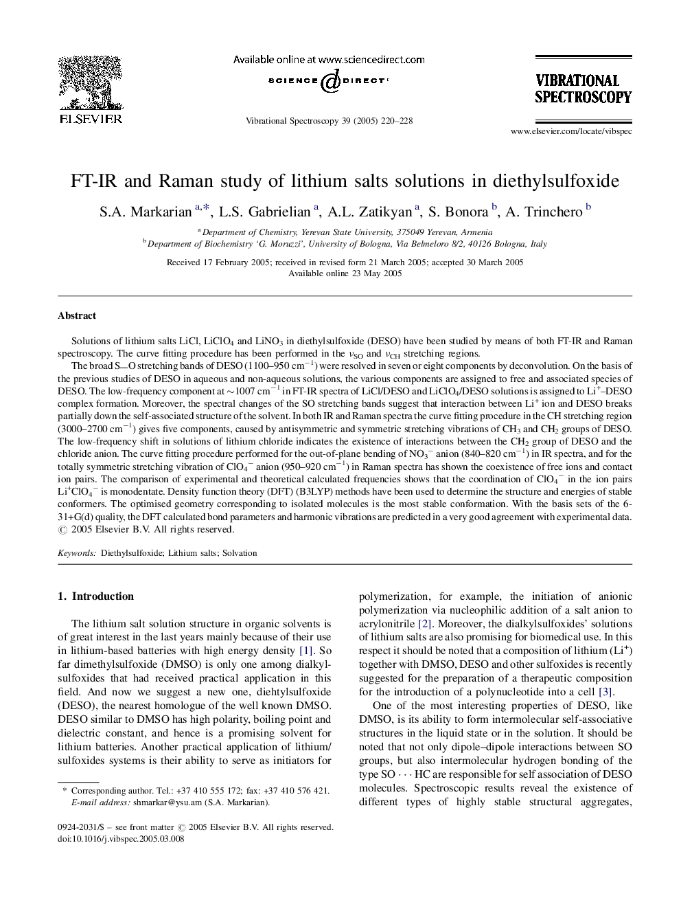 FT-IR and Raman study of lithium salts solutions in diethylsulfoxide