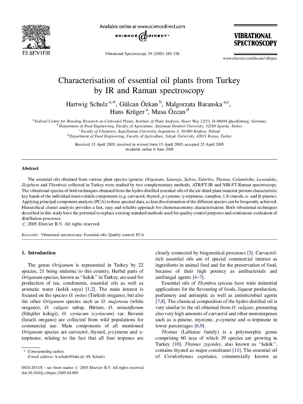 Characterisation of essential oil plants from Turkey by IR and Raman spectroscopy