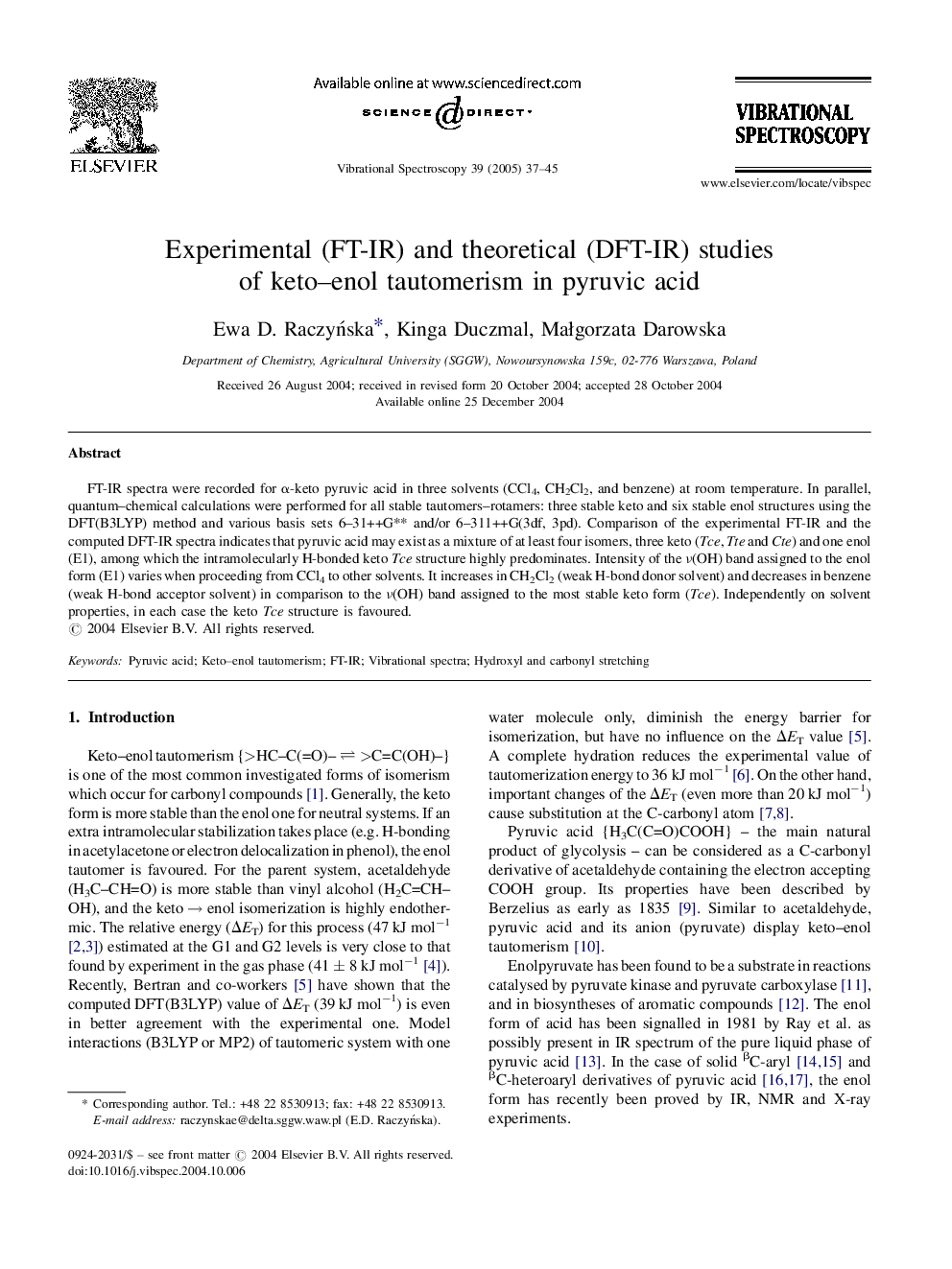 Experimental (FT-IR) and theoretical (DFT-IR) studies of keto-enol tautomerism in pyruvic acid