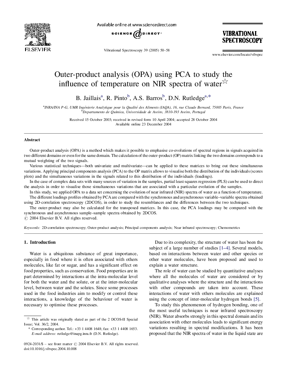 Outer-product analysis (OPA) using PCA to study the influence of temperature on NIR spectra of water